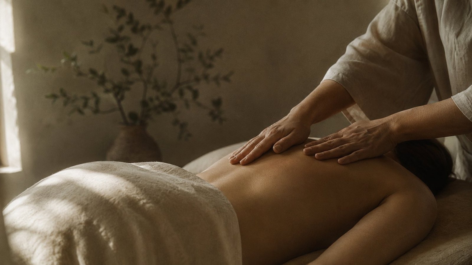 A therapist's hands working calmly on a person's back in soft natural light